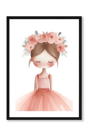 Beautiful baby doll ballerina in light pink tutu skirt, delicate watercolor illustration. Nursery poster design, isolated character element