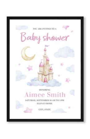 Fairy tale castle for princess in clouds, crescent moon and stars. Baby shower watercolor invitation card. New born celebration. Layout of kid's birthday card. Template of newborn's party invitation.