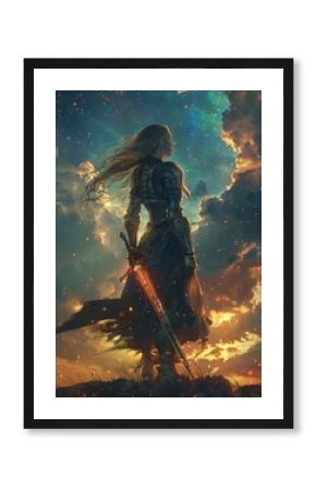 Warrior Princess Watching Sunset over Battlefield