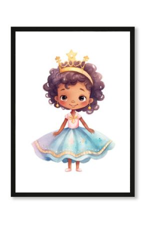 A cute black princess with a gold crown and blue dress