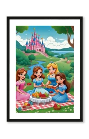 Cartoon-style princess enjoying a picnic. The image was created with generative AI