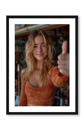 woman tan top pants giving thumbs alluring girl long blonde hair face shoulder length portrait closeup short minidress wearing denim princess ranger actress cheerful hippy