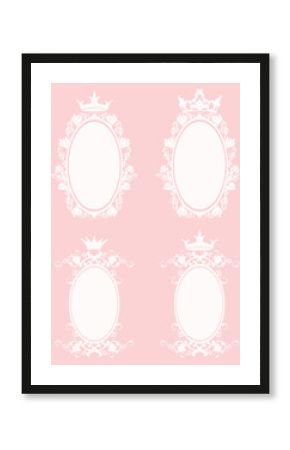 oval frame with rose flowers and royal princess crown - pink and white vector copy space floral design set