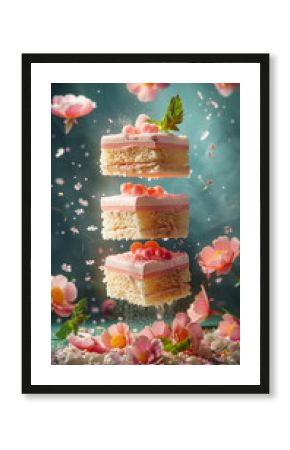 a floating piece of cake with pink flowers and leaves, flying in the air in the surreal dreamy style, Swedish princess cake, mobile wallpaper
