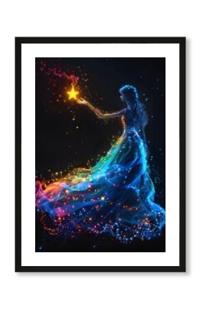 rainbow ballerina princess touching a star on black background