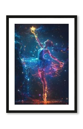 rainbow ballerina princess touching a star on black background