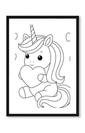 Cute kawaii unicorn is holding heart coloring page for kids. Animal outline doodle colouring page isolated on white background. Wild animal coloring book for kids