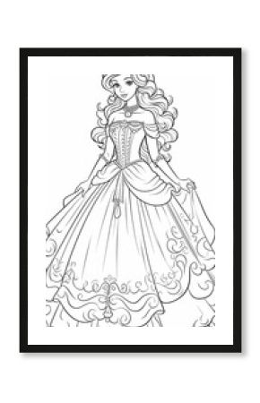 An elegant princess in a detailed gown, perfect for coloring books and fairy tale themes.