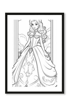 An elegant princess in a detailed gown, perfect for coloring books and fairy tale themes.