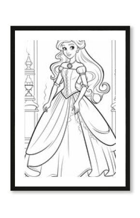 An elegant princess in a detailed gown, perfect for coloring books and fairy tale themes.