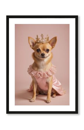 Gold beige and white slender short-haired female chihuahua companion dog breed with pink princess dress and golden crown portrait sitting looking forward on soft peach background or studio backdrop.