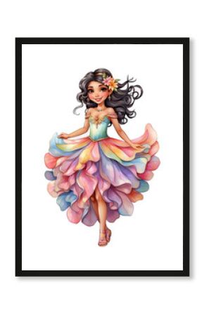 Cartoon cute girl in a pink dress and with flowers in her hair