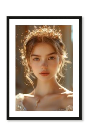 Portrait of sunlit skinny young princess in crown, standing, early morning in palace, golden lighting. Generative AI.