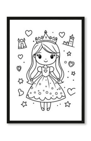 Cute, kawaii little princess coloring page with a white background and a simple design for young children.
