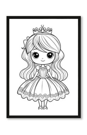 Kawaii cute princess coloring page with a white background and simple lines, low details, big eyes, and a black outline only