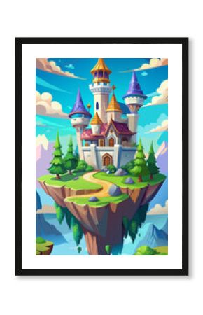 Fantasy castle on floating island in sky cartoon landscape. Magic fairytale flying kingdom tower in imagination heaven dream scene. Summer green and rock scenery with boulder platform ui game vector