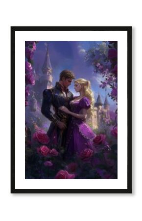 Romantic moment between a prince and princess in a rose garden near a castle at twilight