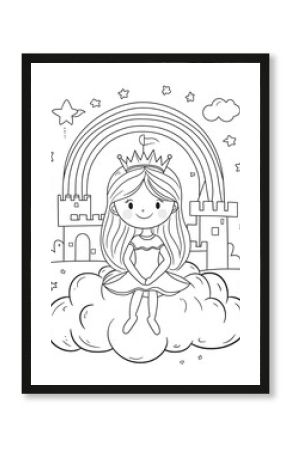  Cute cartoon princess sitting on a cloud with a castle and rainbow, a coloring page for kids.