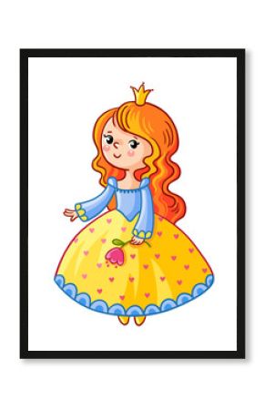 Cute Princess stand on a white background. Girl with a crown and a flower in her hand. Vector illustration of a princess in a cartoon style. Little Queen in the yellow-blue dress.