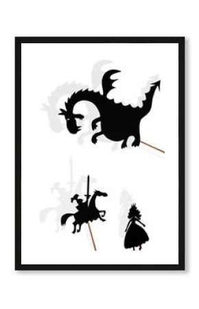 Shadow puppets of dragon, princess and knight on white background