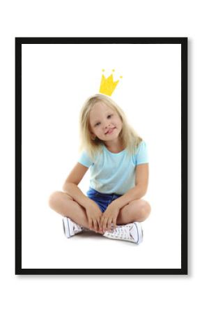 Cute little girl with princess crown drawing above head on white background.