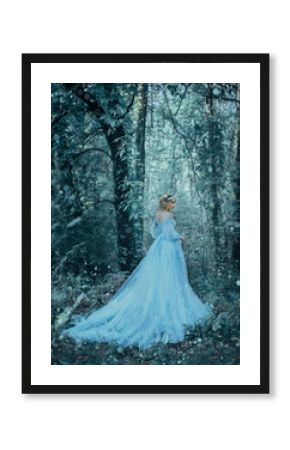 fantasy girl princess  is winter. The Queen in luxurious blue long medieval glamour dress bears cold walk in wood, forest, tree fall snow. Artistic Photo. Woman snow queen. Back rear view, go away