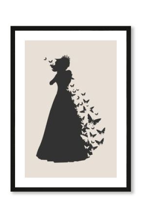 Sexy woman silhouette in evening dress. Medieval queen or princess monochrome silhouette with butterflies