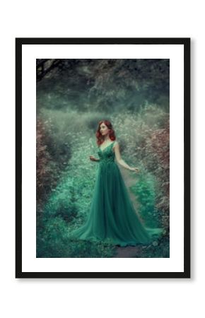 Red-haired girl in a green, emerald, luxurious dress in the floor, with a long train. The princess walks in a fairy forest. Simple and elegant hair in large waves. Artistic retouching