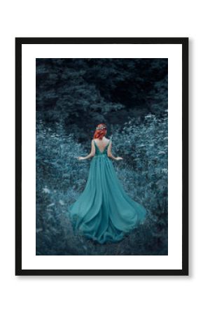 Red-haired girl in a blue, sapphire, luxurious dress in the floor, with an open back and a long train. The princess walks in a fairy forest. Photo from the back without a face. Artistic retouching