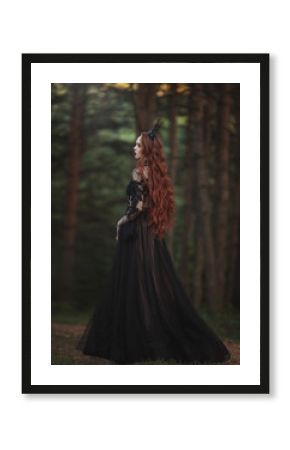 A beautiful gothic princess with pale skin and very long red hair in a black crown and a black long dress walks in a misty fairy-tale autumn forest. The costume of the dark queen. Back view.