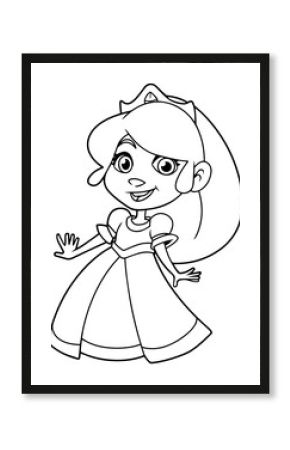 Line art illustration of cute little princess smiling on white background.