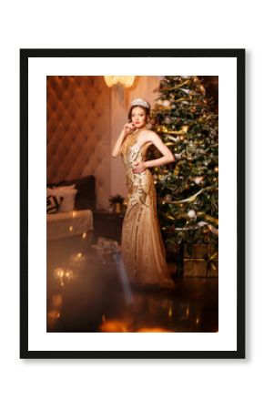 Woman queen princess in crown and lux dress, lights party background Luxury girl Long shiny healthy volume hair Waves Curls. Updo Hairstyle. Salon Fashion model luxurious vintage interior.