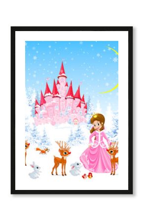 Little princess and deer. Princess on the background of a pink castle. Winter forest. Little deer, bunnies and birds. Winter night. Snowflakes and snow