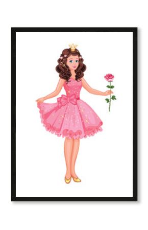 Fashion girl with a rose. A beautiful Princess in a pink dress. Romantic story. Isolated illustration. Fairytale. Vector.