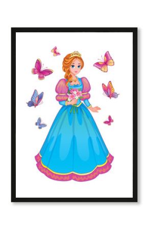 Beautiful fairytale Elf princess with flowers on white background.  Set butterflies. Children's illustration suitable for print and sticker. Isolated illustration. Romantic story. Wonderland. Vector.