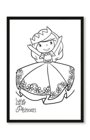 princess girl rejoices lush dress with flowers coloring book for children page vector outline illustration stroke isolate