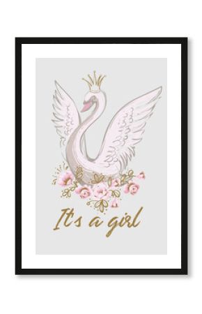 It's a girl and princess swan. Cute ballet print design. Hand drawn vector sketch. Gold and pink vintage watercolor illustration on white background. Baby fashion design.