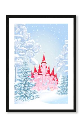Castle forest snow night winter. Pink princess castle in the winter snowy forest. Winter snowy night