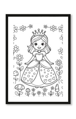 Cute princess girl wearing crown and beautiful dress on flower garden vector line art coloring page for kids 