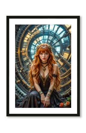 A striking steampunk princess poses in an elaborate dress, seated in front of a giant mechanical clock