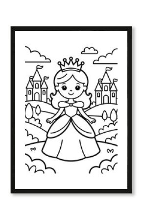 Cute cartoon princess wearing a crown and elegant dress in front of castles