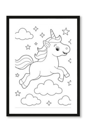 Fantasy Unicorn Coloring Page for Girls and Boys. Cute Character in Black and White Style for Arts and Crafts