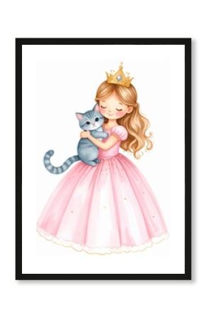 A cheerful princess in a pink gown lovingly holds a gray cat, adorned with a golden crown and a joyful expression.