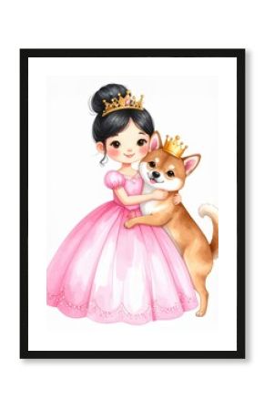 A cute illustration of a girl in a pink princess dress hugging a dog, both wearing crowns, radiating joy and friendship.