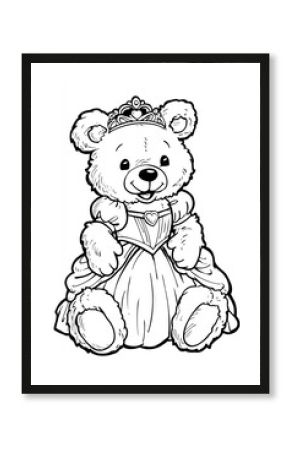 Black and white coloring page of a teddy bear princess