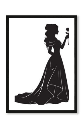 Silhouette of a woman in a ball gown holding a rose on a white background female princess
