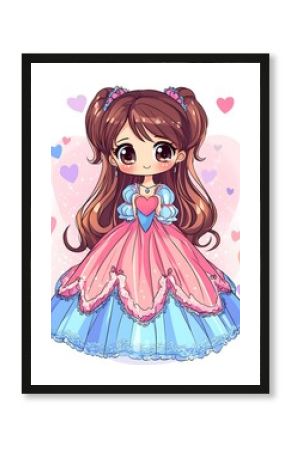 Cute anime girl with brown hair and big eyes in a pink and blue dress holding a heart