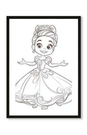 Illustration of a little girl coloring book with an outline stroke illustration of a cute baby character, a queen crown and a fairy tale princess