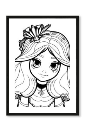 Black and White Cartoon Illustration of Cute Little Princess Fantasy Character for Coloring Book