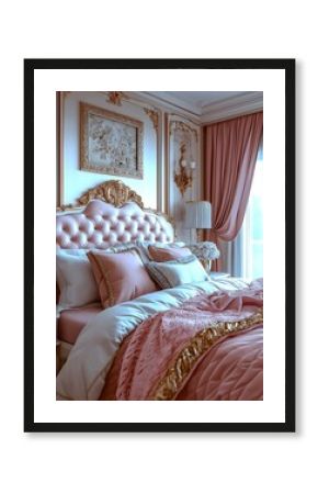 French bedroom interior, headboard, pink velvet fabric with gold trim, princess themed room, soft lighting, elegant and luxurious interior design.